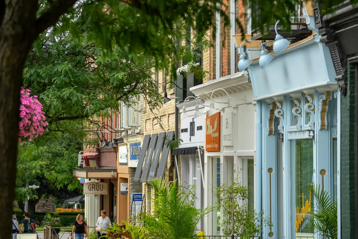 Heritage storefronts along a main street in Cambridge, Ontario